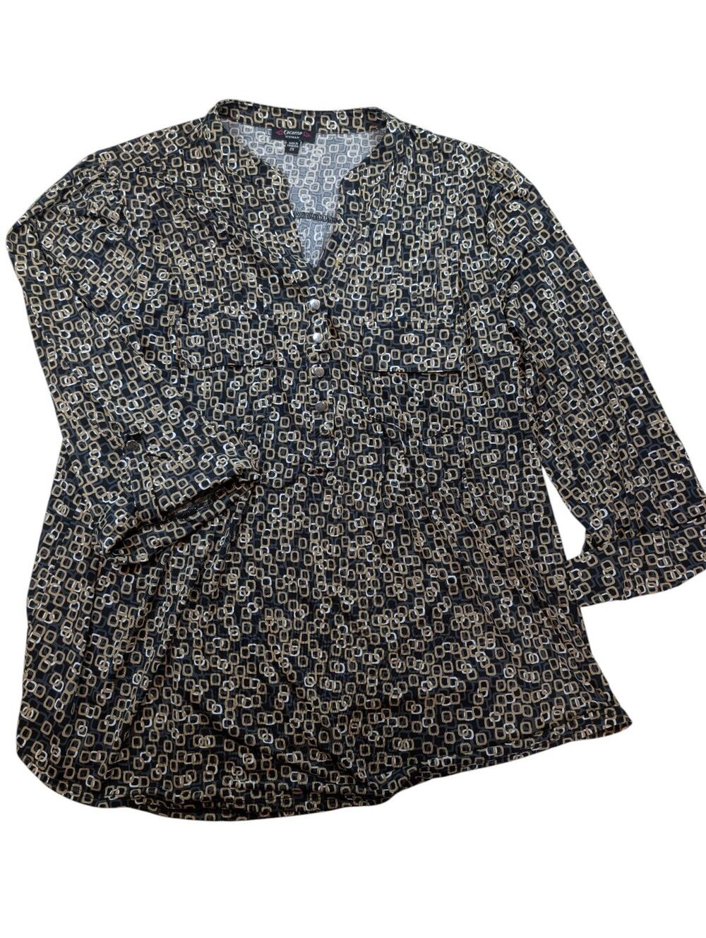 Cocomo Geometric Print Blouse Roll Tab Sleeve Flowy Satin Feel Womens 2XL
